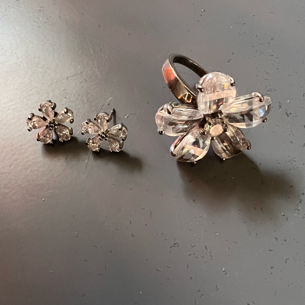 Elegant Silver Flower Ring and matching earrings